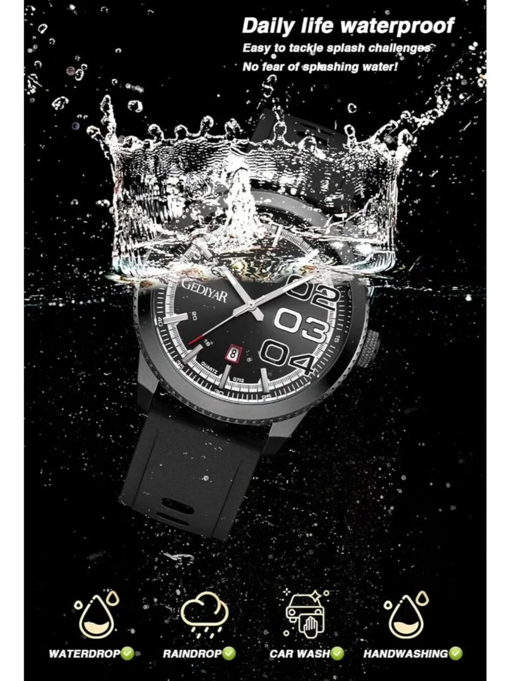 Men's Black Analog Quartz Silicone Band Waterproof Luminous Sport Wrist Watch
